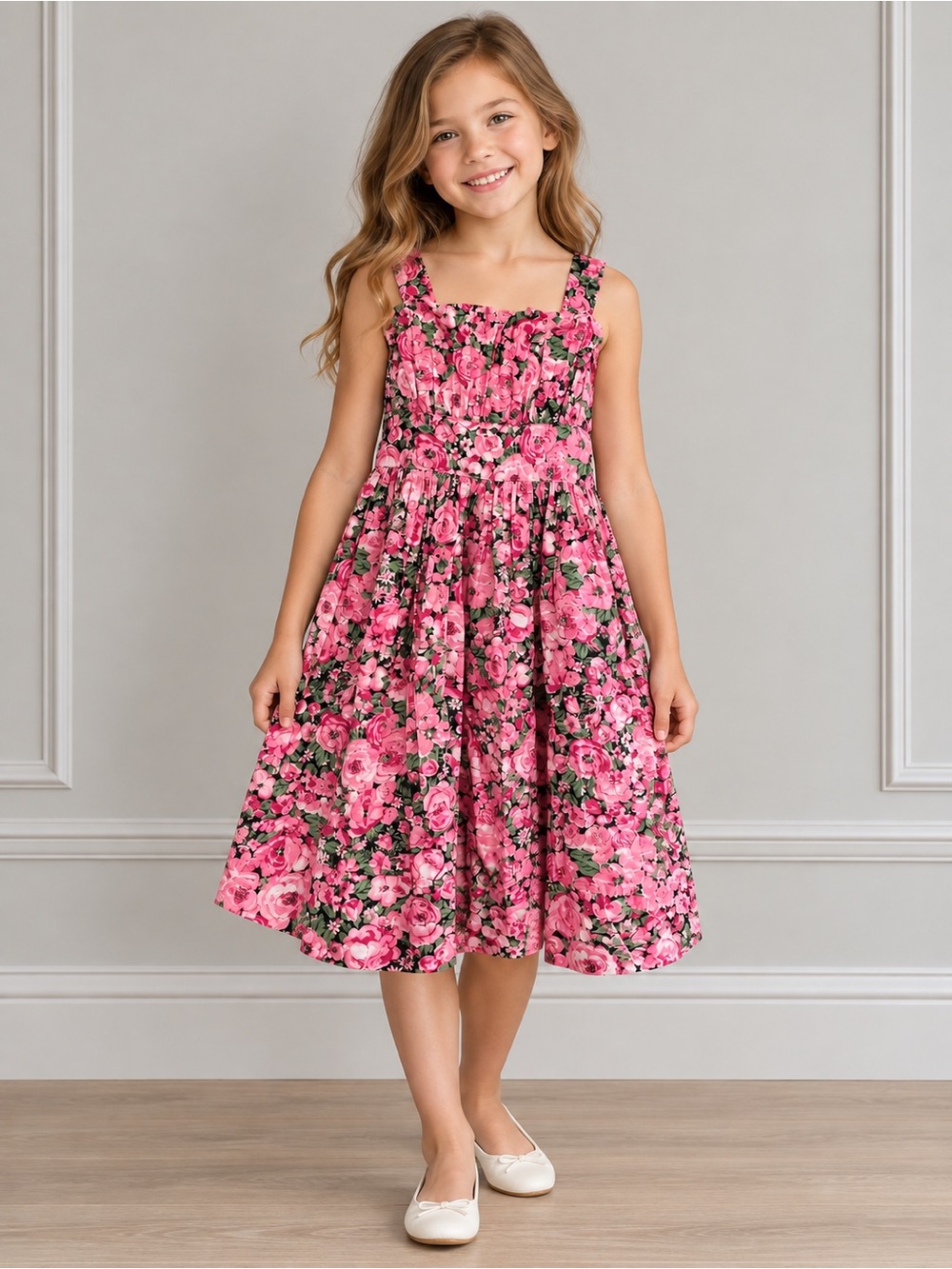 Place Pink Floral Smocked Sundress with Wide Straps